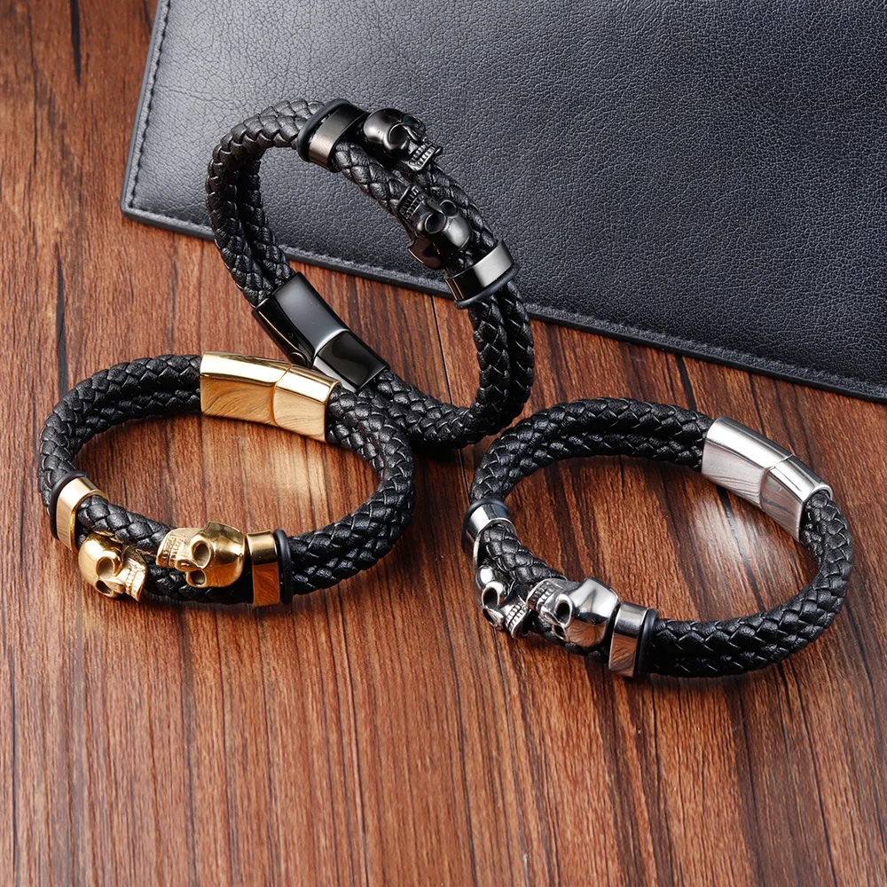 Skull Stainless Steel Bracelet Ghost Head Men\'s Leather Bracelet Braided Bracelet Handmade Multilayer Genuine Leather Bracelet