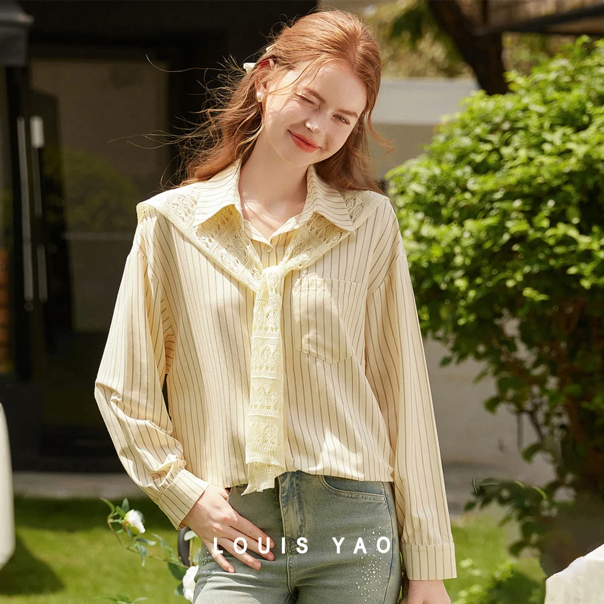 

LOUIS YAO Removable Shawl Collar Striped Women's Shirt 2025 Autumn Commuter Blouses Single-Breasted Long-Sleeve Shirt Women Top