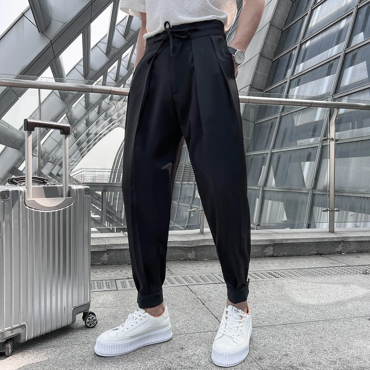 Pantalon d'été drapé à taille élastique pour homme, tenue décontractée de bureau, à la mode, fête sociale, été 2022