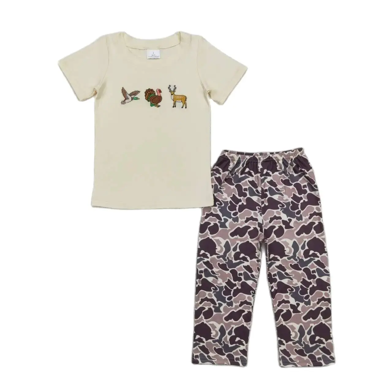 RTS Baby Boys Toddler Fall Ducks Deer Turkey Embroidery Tee Shirts Children Pants Southern Camo Outfits Clothes Sets