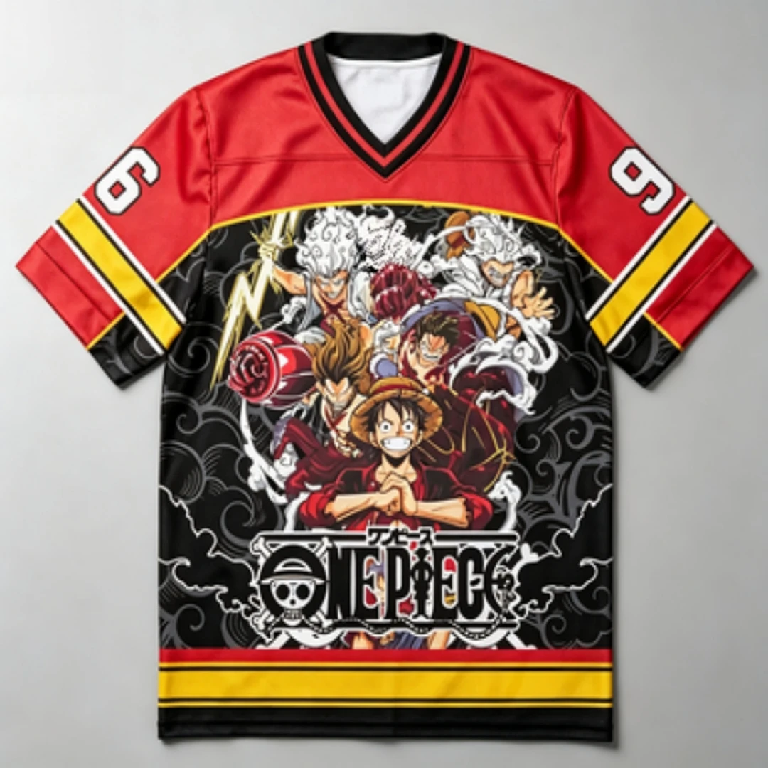 Camiseta holgada deportiva y de ocio con estampado de grupo multiforma de Luffy de One Piece, cuello en V, contraste rojo y negro, transpirable, de malla, estilo anime.