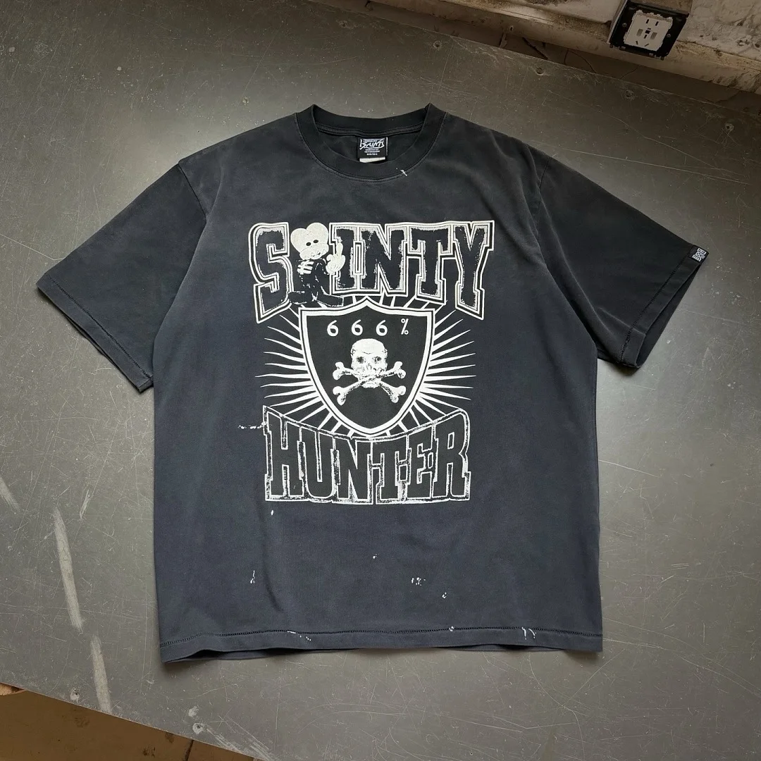 Summer Oversized Vintage Saint Tee Hunter Angel Skeleton Cartoon Print Unisex Retro Distressed Washed Streetwear Cotton Tops