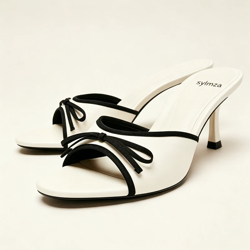 

Elegant Bow Detail Pointed Toe Heeled Sandals Women Fashion Open-toe Slippers for Ladies Street Style Brand Designer Shoes