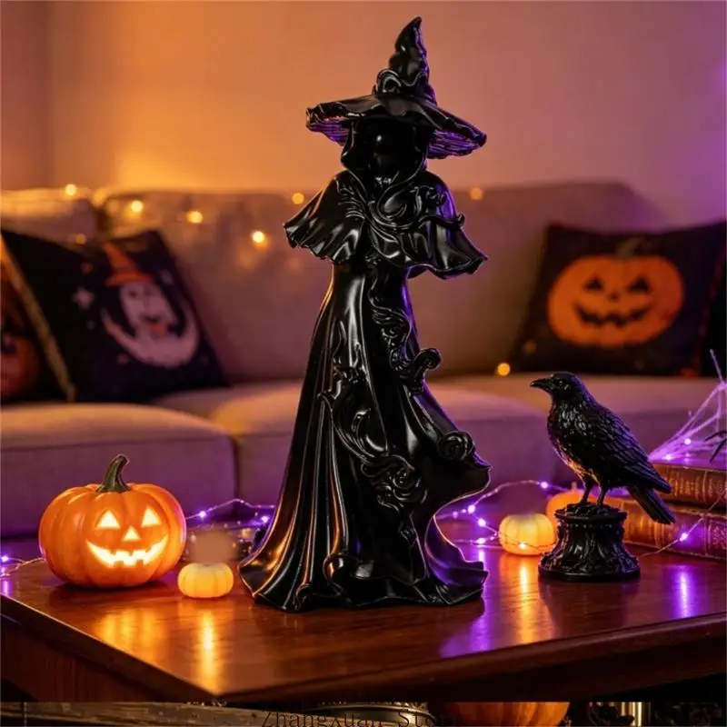 Hexenstatue aus Harz für Halloween-Dekorationen, Skulpturfigur mit verbreiterter Basis für Tischregal, Kaminsims und Fensterbank – Detail 8