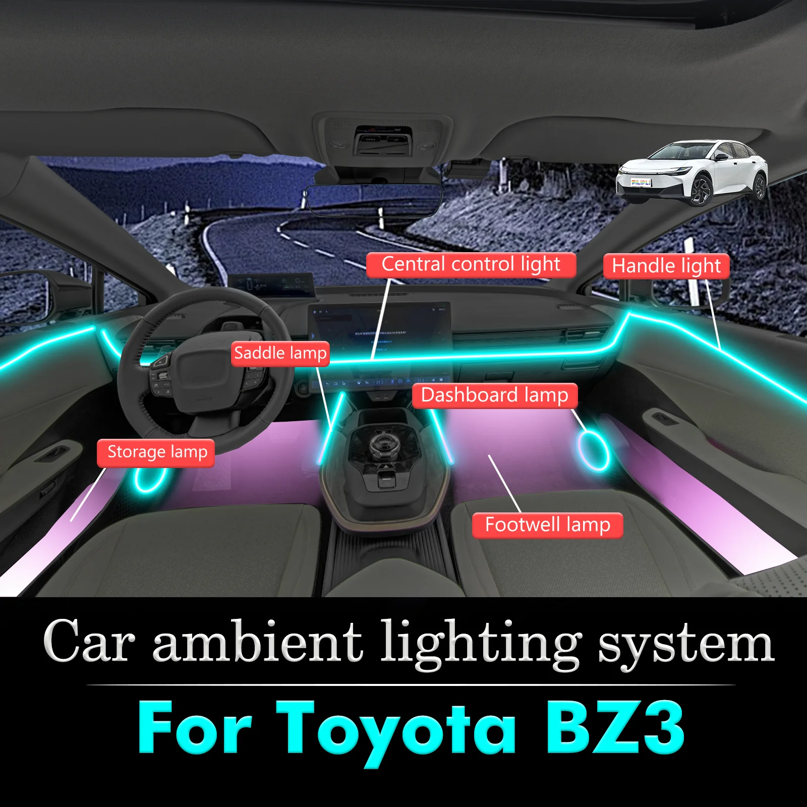 

For Toyota BZ3 Car Interior Mood Ambient Light RGB 64-Color LED Smart Remote Control Atmosphere Lamp Energy Saving Kit