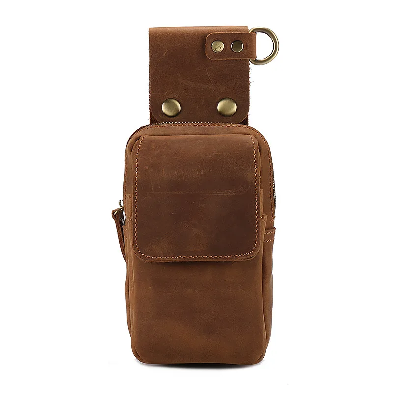 

YH3135 Men's Bag, Crazy Horse Leather Waist Bag, Mobile Phone Vertical Design, Top Layer Cowhide Retro Wearing Belt Hanging Bag