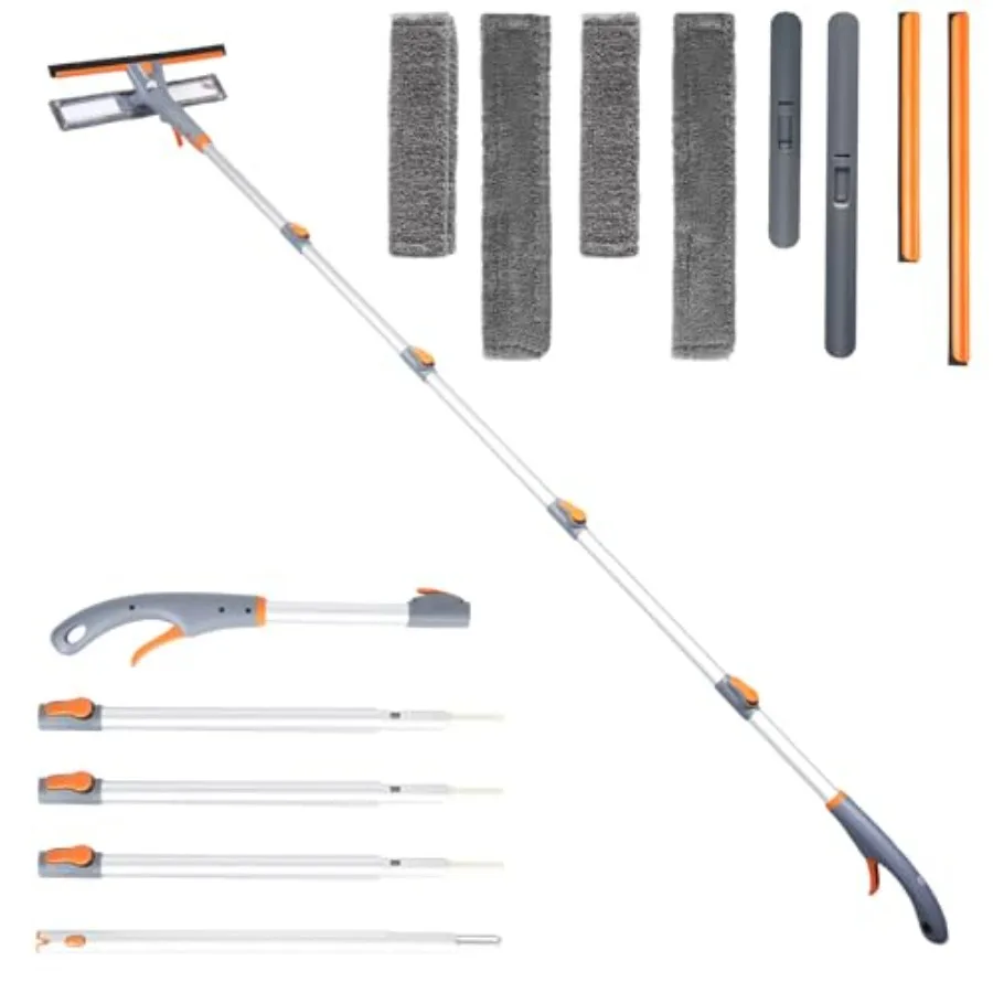 

Многофункциональный стеклоочиститель 3-в-1 с распылителем, 76 дюймов, с 5-секционной удлинительной штангой, с насадками из микрофибры и шенилла