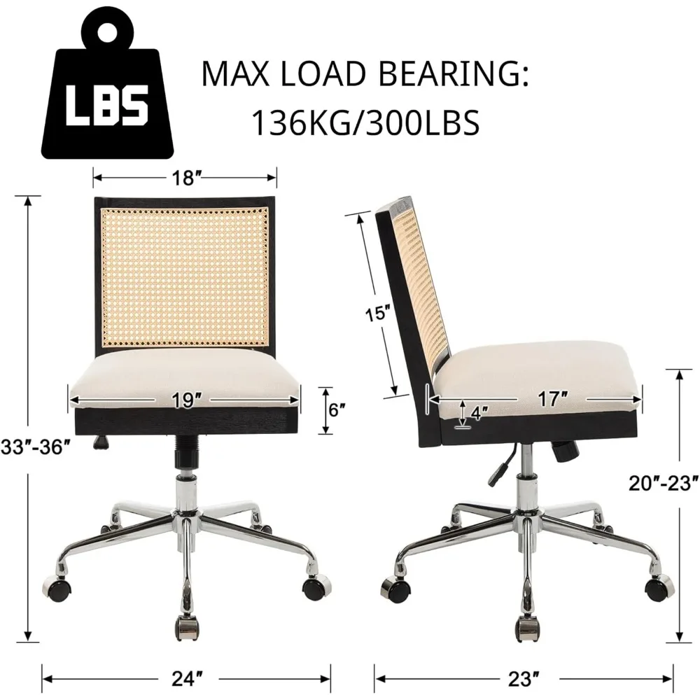 籐デスクチェア リネン生地張りコンピューターオフィスチェア、360 °   回転式ワークチェア（ホイール付き）快適なアームレスチェア