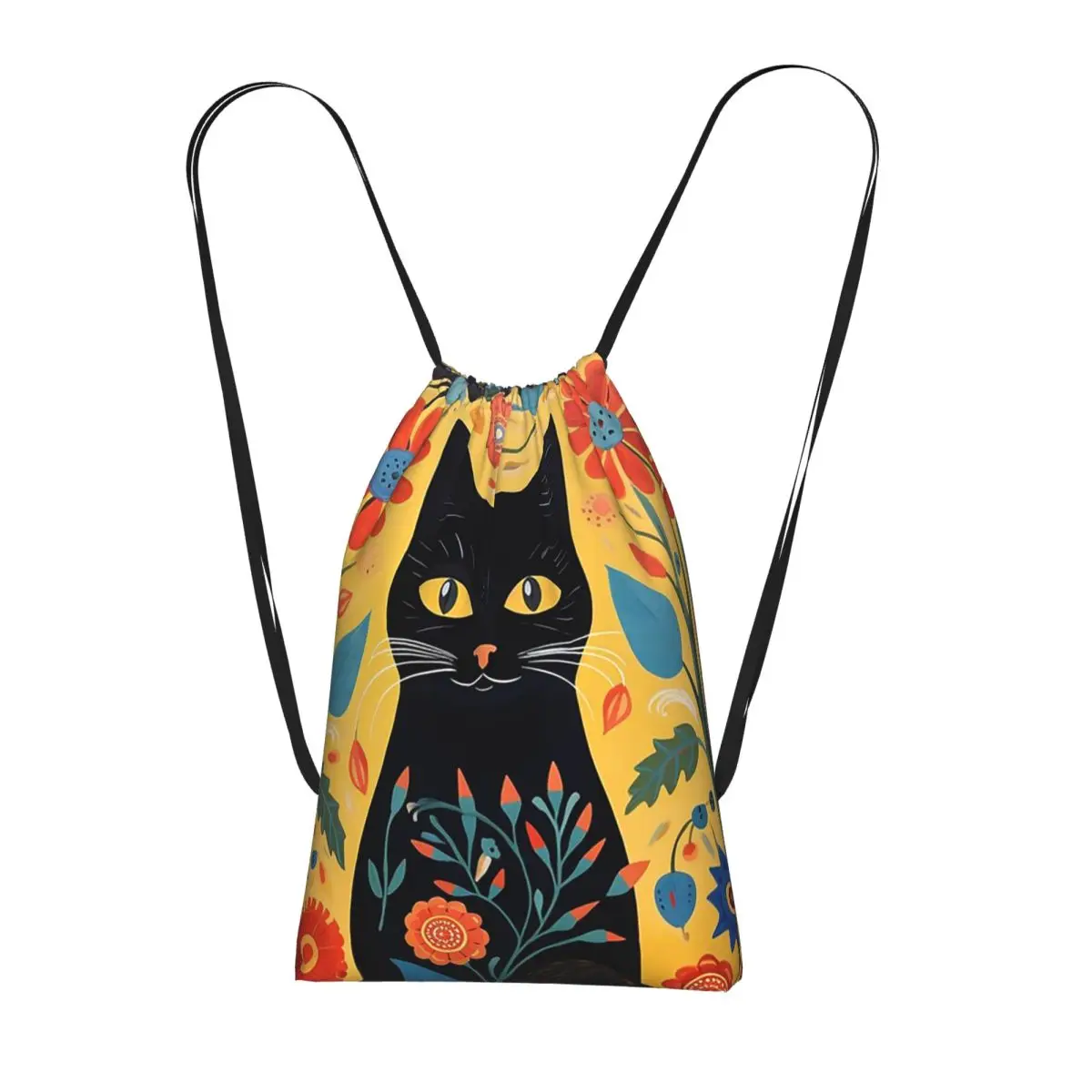Black Cat With Flowers On Yellow Background Backpacks Multi-function Drawstring Bags Sports Bag Book Bags for Travel Students