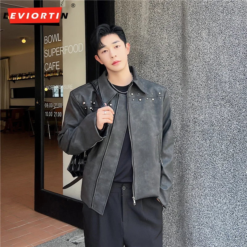 

Men Casual Jacket Metal Decoration Lapel Zipper Streetwear Long Sleeve Loose Coats Autumn Male Chic Personality Outerwear