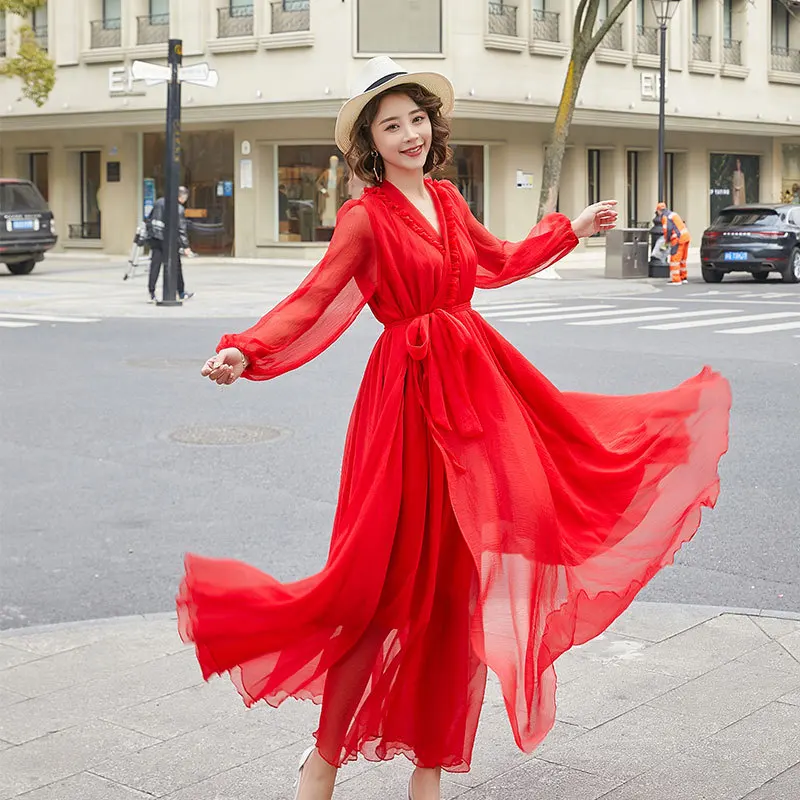 2024Chiffon Kleid Langarm Sommer europäischen und amerikanischen Meer Urlaub Strand Rock Frauen