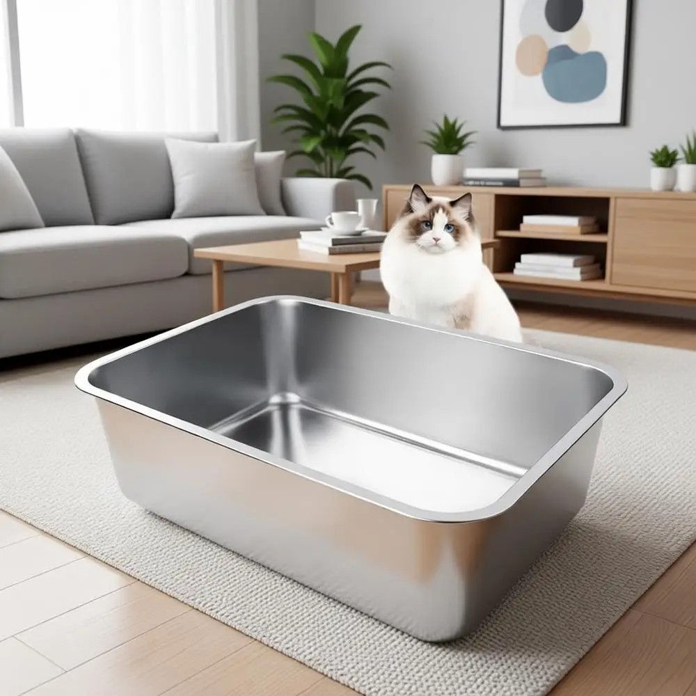

Stainless Steel Cat Litter Box for Adult Cats or Kittens, 19.5x13.6x6 Rust-Proof, High Side, Non Stick, No Smell, Easy to Clean