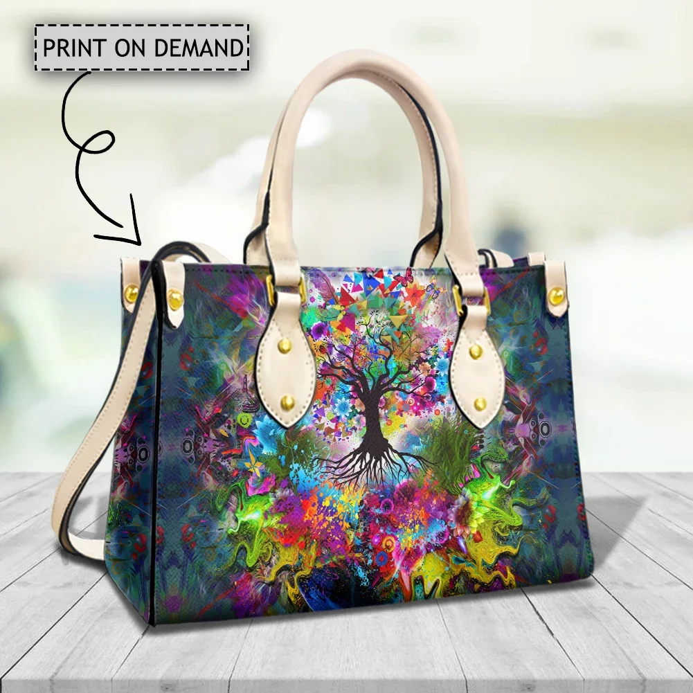 Painted Tree of Life Elegant Womens Fashion Tote Bag Tie Dye Design High Quality PU Leather Handbag for Laides Female Cross Bags