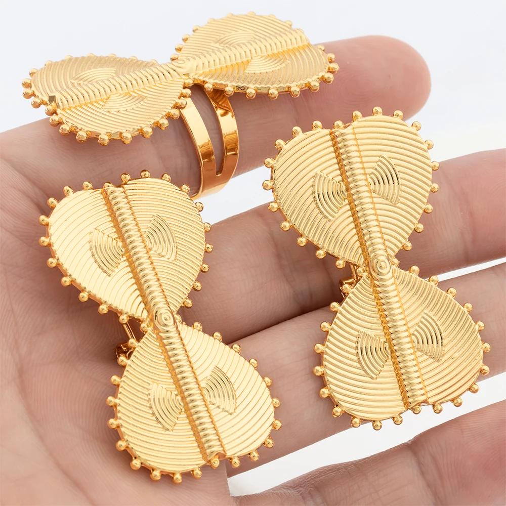 2PCS Jewelry Set for Women Wedding Bride Gifts 18k Gold Plated Earrings and Ring Jewelry Accessories African Map Clip Earrings
