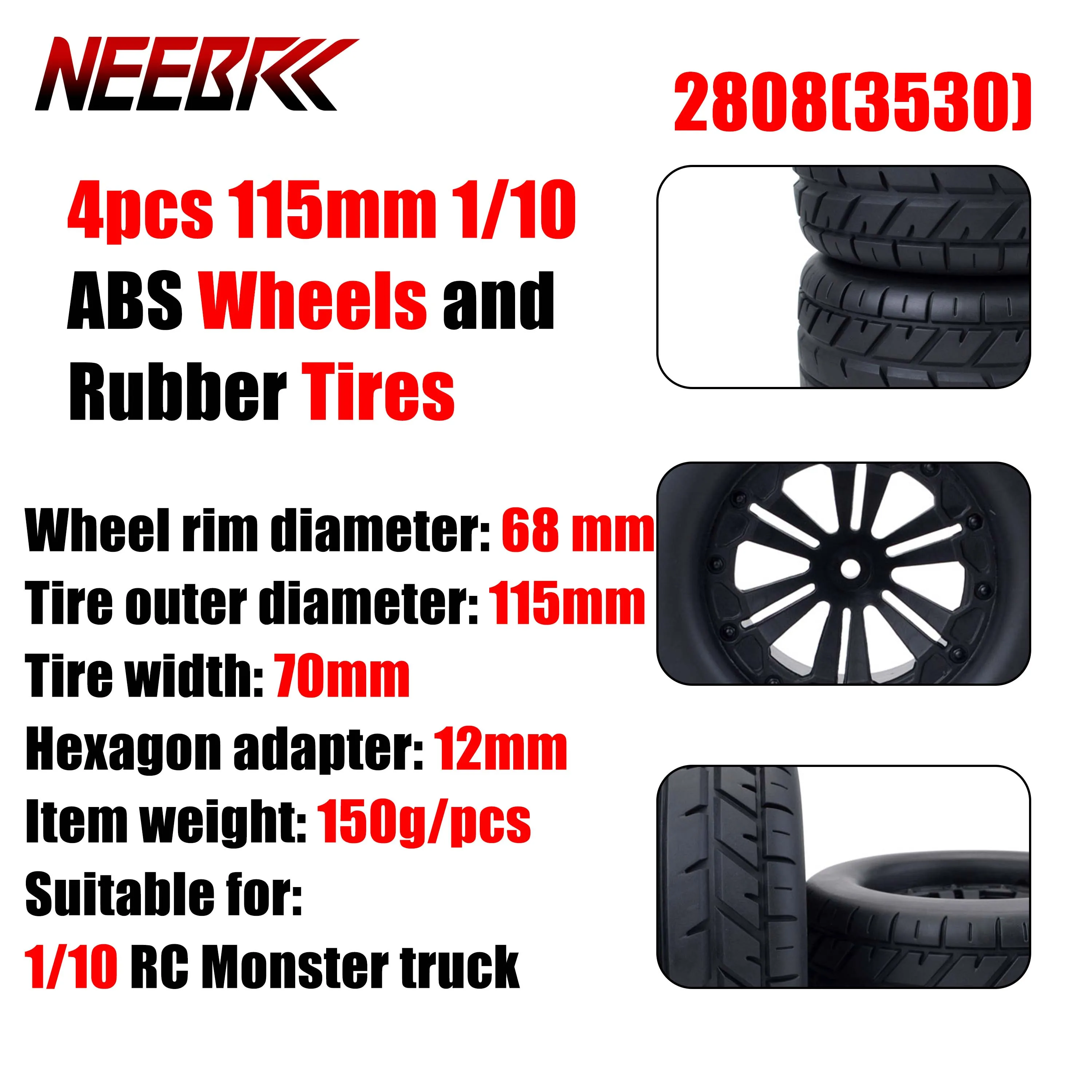 

115mm Rubber Tire Wheel Tyre Rim Hub 12mm Hex for 1/10 RC Off-road Monster Car Buggy Model Truck Redcat HPI Traxxas Savage Xs