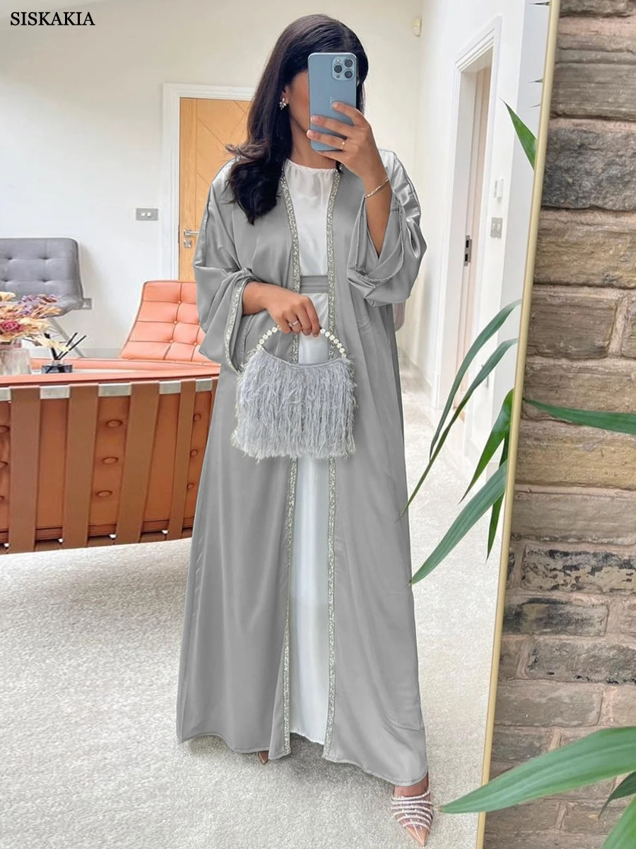 Siskakia-quimono aberto para mulheres, cardigã de cor sólida, manga comprida, casual, elegante, estilo marroquino, caftan, dubai