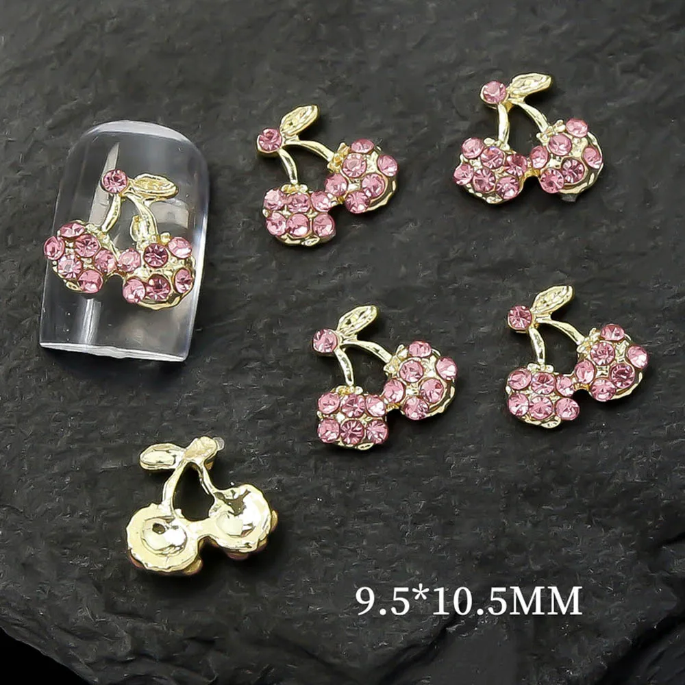 10Pcs/lot 3D Alloy Cherry Nail Charms Luxury Nail Parts Gems Crystal Rhinestones Pink/Red/Silver Stone Nail Art Decorations
