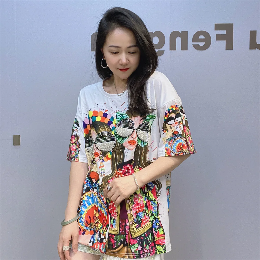 

Colorful Fashion Printed T Shirts Women Summer Clothes Casual Character Diamonds Beading Short Sleeve Tops Tee Женская Одежда
