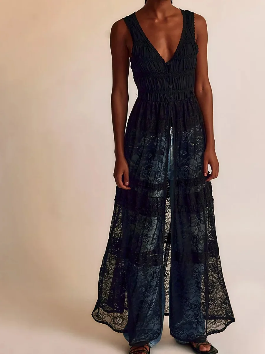 Womens French Style Lace Patchwork Bodysuit Dress Ruched Sleeveless V Nech Split Hem Sheer Mesh Long Dresses  Summer