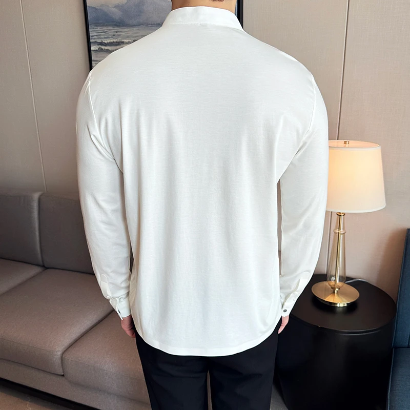 High Elasticity Men Polo Shirt 2024 Autumn Thin Stand Up Collar Solid Casual Elastic Slim Fit Long Sleeves T-shirt Men Clothing