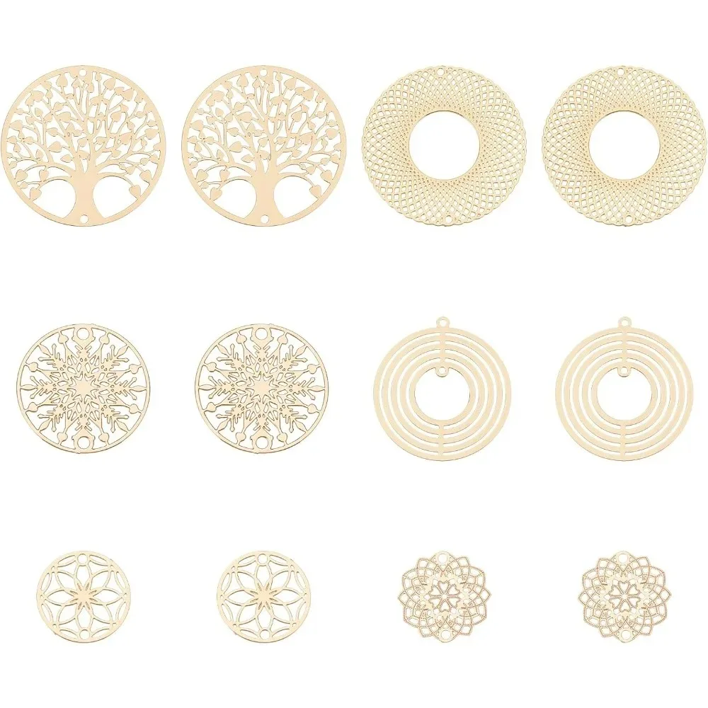 

60Pcs 6 Style Tree of Life Pendants Links Charms Flower Flat Round Donut Joiners Links Brass Links Connectors Light