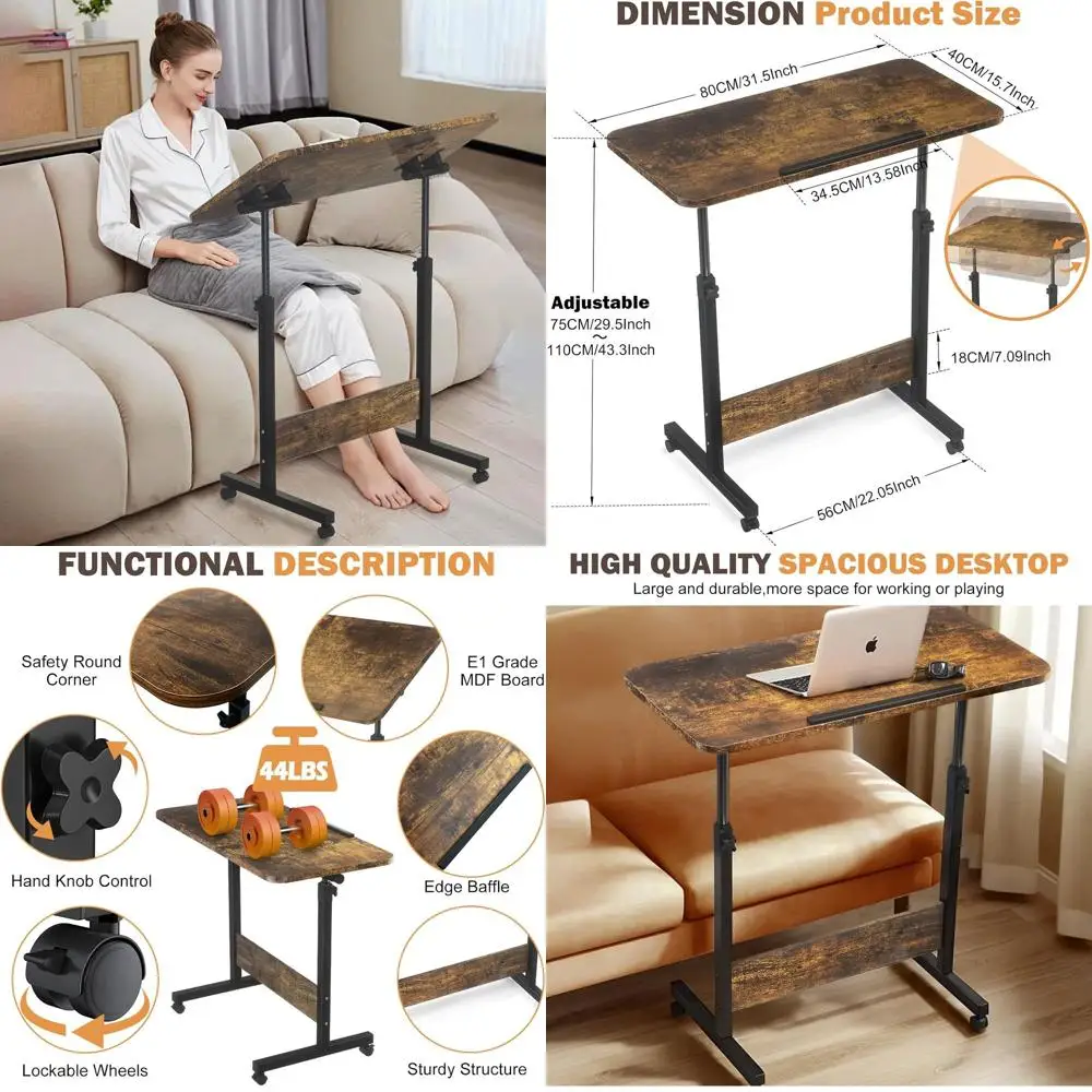 

Adjustable Height Foldable Desk with Wheels, Portable Laptop Stand for Exercise and Bike Training, Rustic Brown
