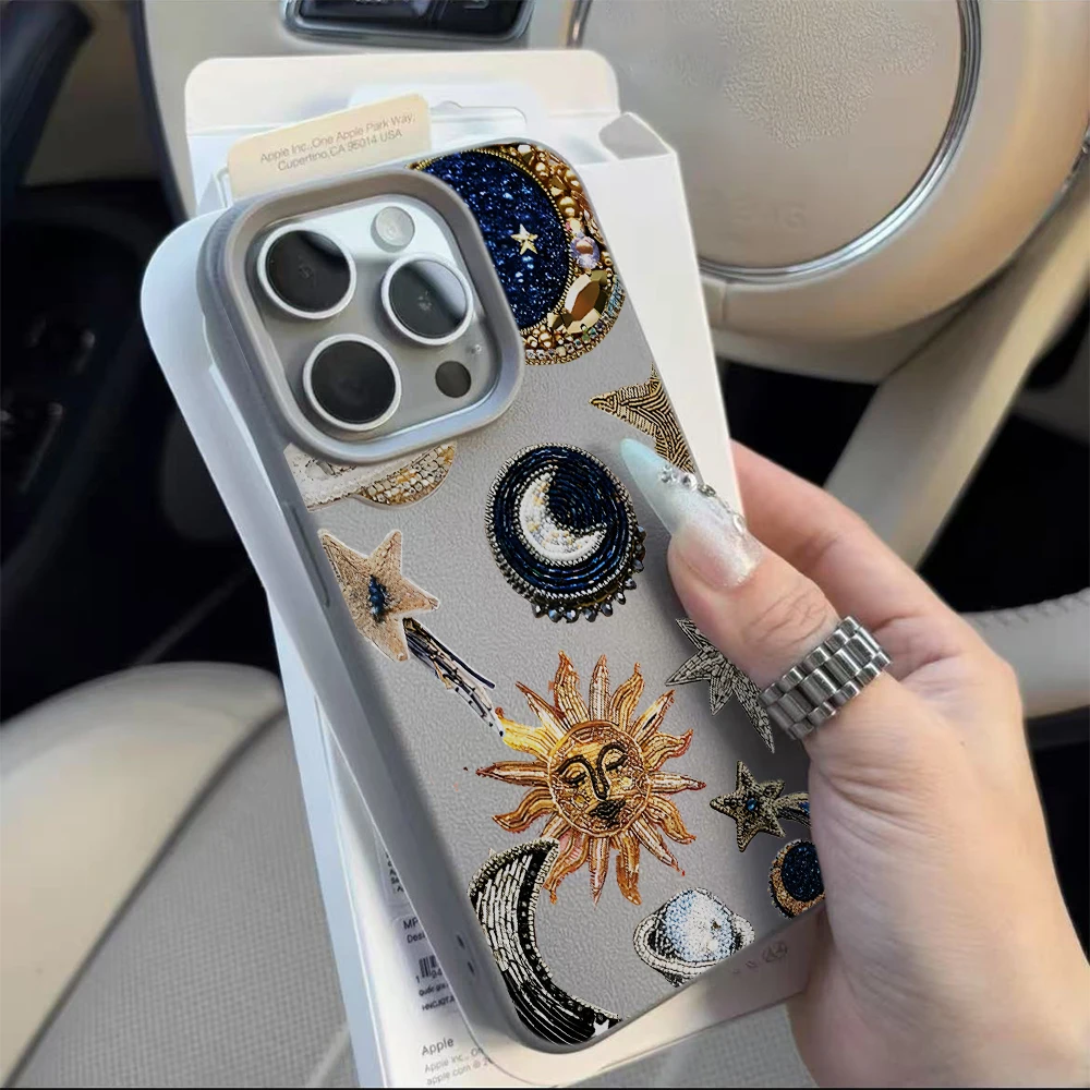 Sun Moon Star Lychee Texture  Case For iPhone 17 16 15 14 13 12 11 Pro Max Boho Celestial Astrology Shockproof Soft TPU Cover view 5