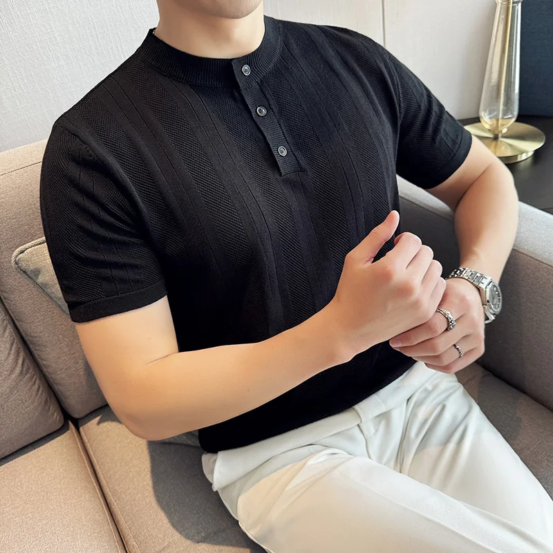 Chinese Style Stand Collar Knitted T-shirt Men Summer Striped Hollowed Out Collarless Polo Shirt Casual Business Tee Tops