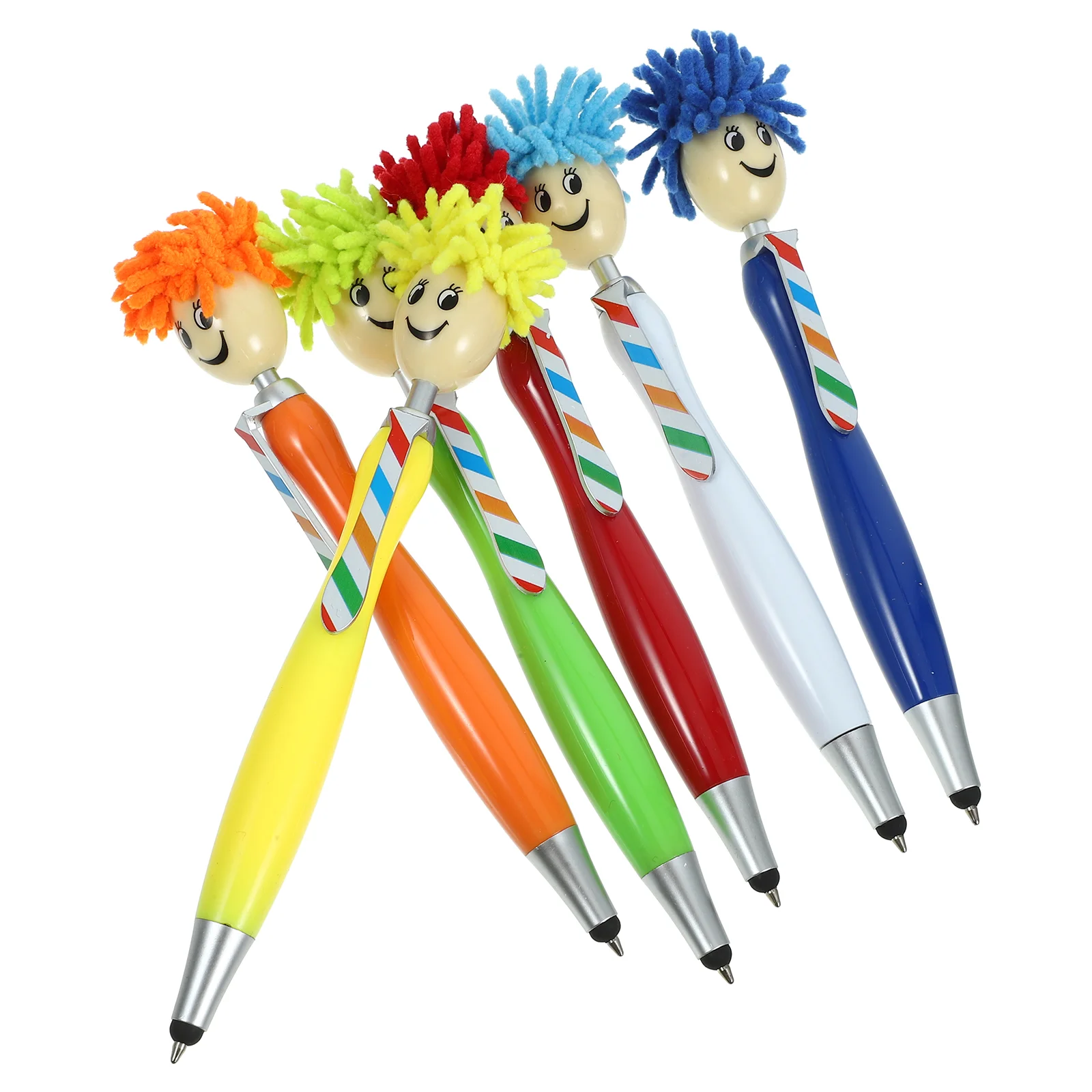 

6pcs Plush Hair Mop Head Pen Cartoon Students Writing Pen Plastic Ballpoint Pen