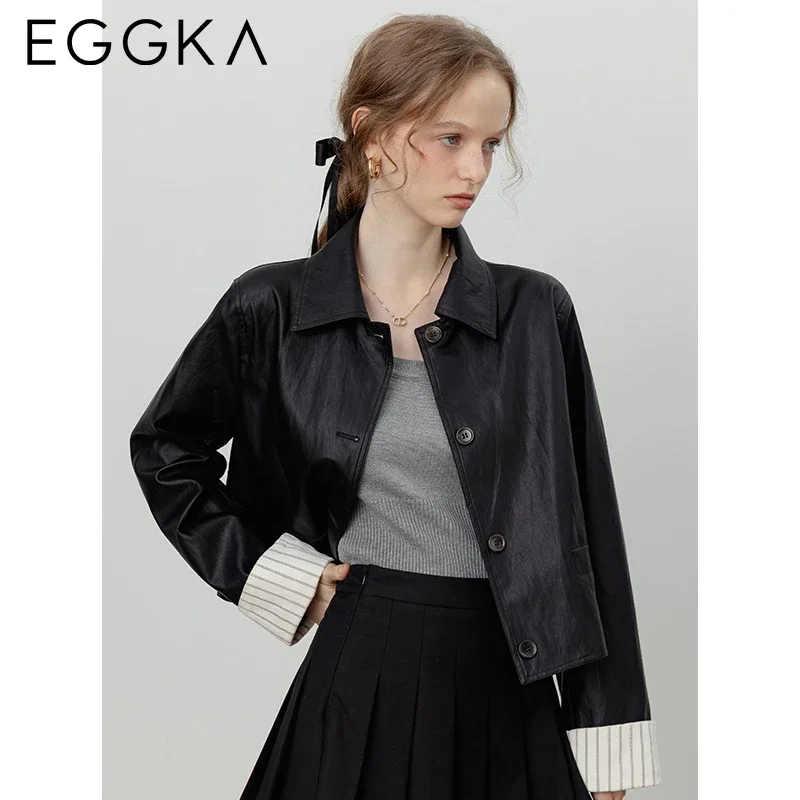 EGGKA Striped Patchwork Lapel Collar Leather Jacket Classic PU Jackets Retro Brown Short Jacket Women\'s Autumn Winter Y2k Coats