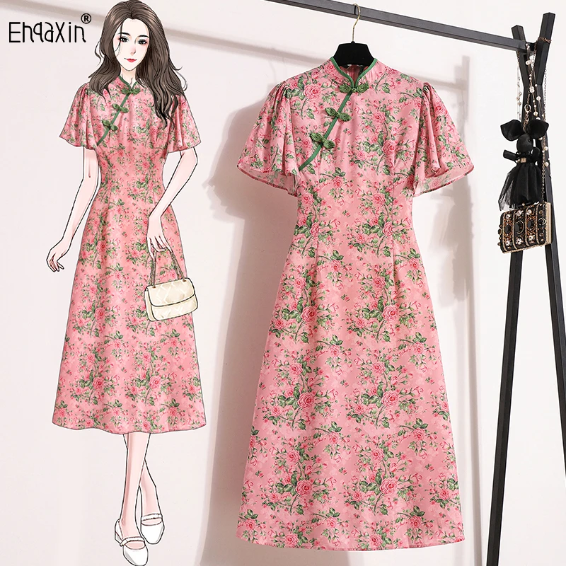 

EHQAXIN 2024 Summer Women's Dress Fashionable And Elegant New Chinese Style Printed Cheongsam Short Sleeve Chiffon Dresses M-4XL