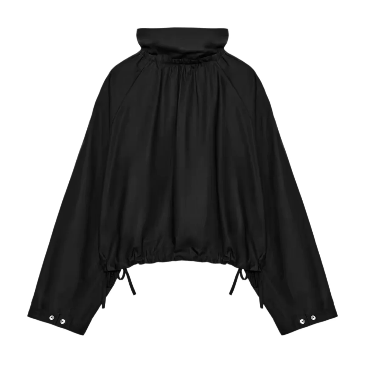 BSAY Women Stand Collar Drawstring Hem Cropped Jacket Button Front Slant Pockets Long Sleeve Casual Street Outer Coat For Ladies