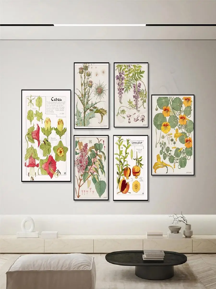 Póster Floral Art Nouveau, Decoración de Pared con Acuarela de Cardo, Nasturtium, Piña, Cítricos, Granada y Plátano