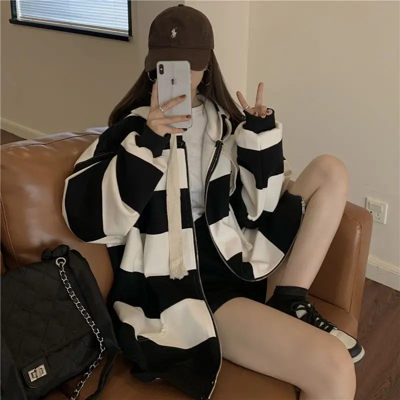 Hoodies Women Loose Sporty Design Striped Simple All-match Autumn Leisure Students Daily Ladies Sweet Basic Stylish Cozy Classic