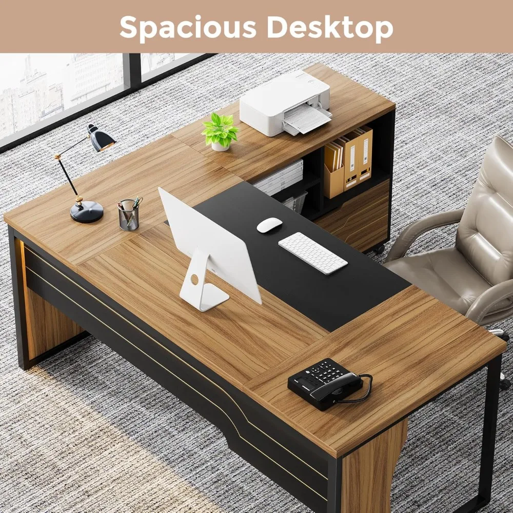 مكتب كمبيوتر تنفيذي على شكل حرف L مع خزانة ملفات متنقلة وإضاءة LED، أثاث أعمال كبير مقاس 63 بوصة مع طاولة مكتب #6