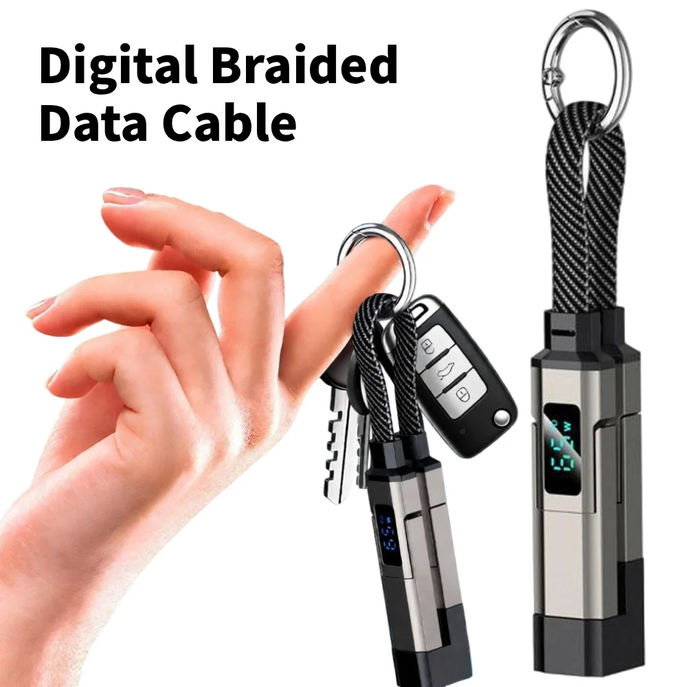 Câble de charge rapide PD 4-en-1 portable 65W avec affichage numérique et porte-clés pour iPhone Huawei, câble de données court de type C pour téléphone portable