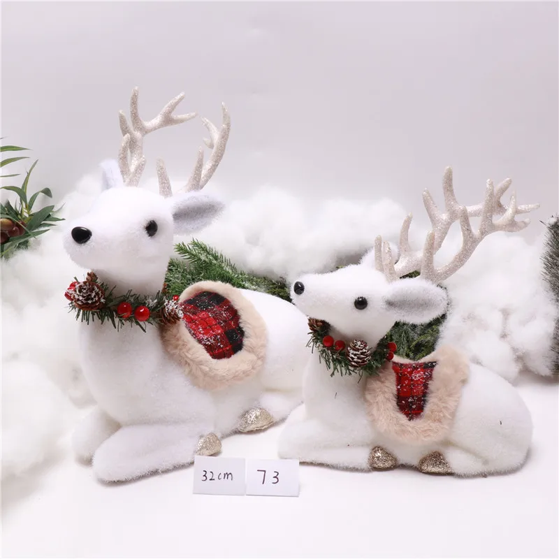 Christmas decorations, white cotton thread bear, flocked bear, penguin and glitter deer ornaments, window layout props
