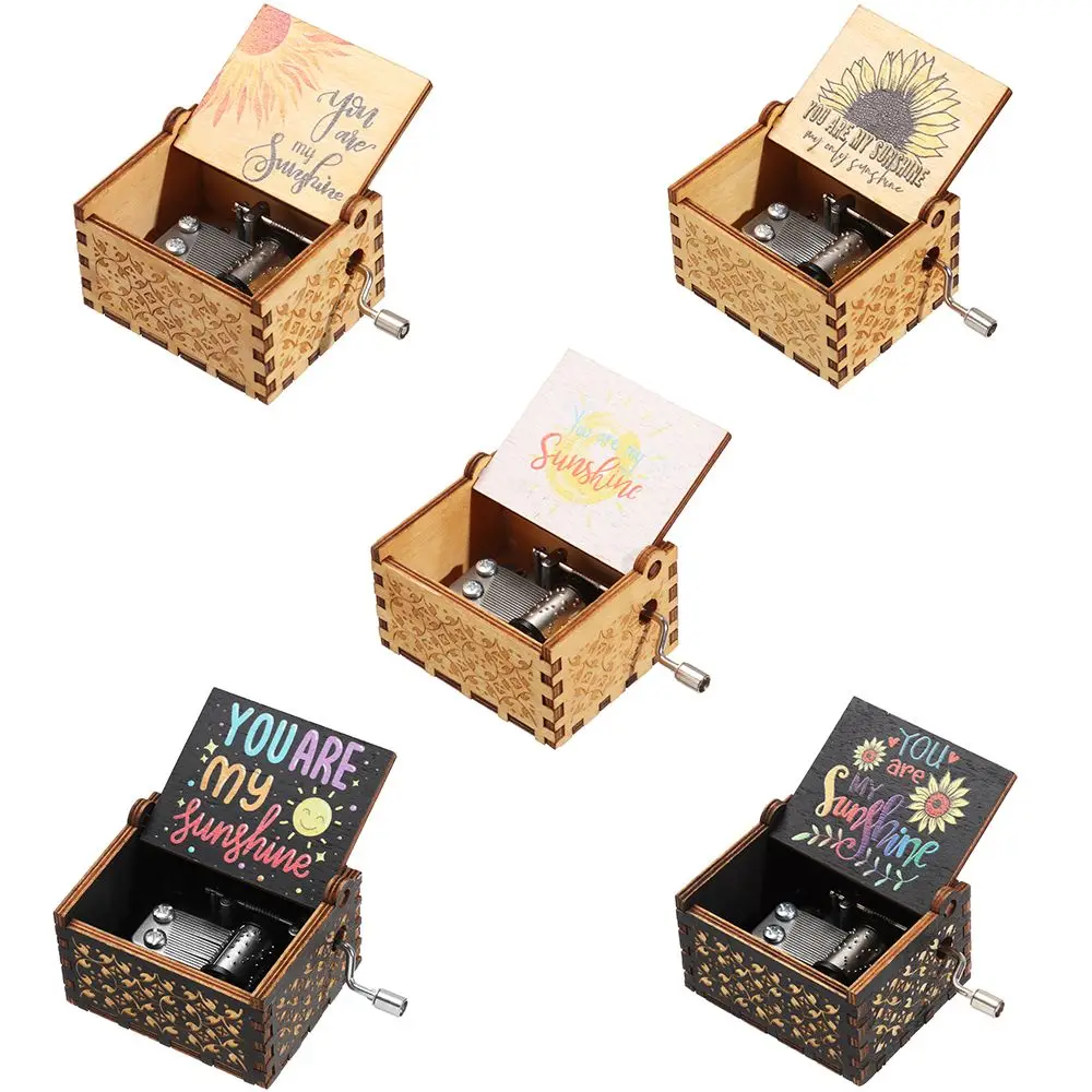 Anniversary Suitable Gifts Wooden Christmas Hand-Cranked Musical Boxes Black Engraved You are My Sunshine Music Box
