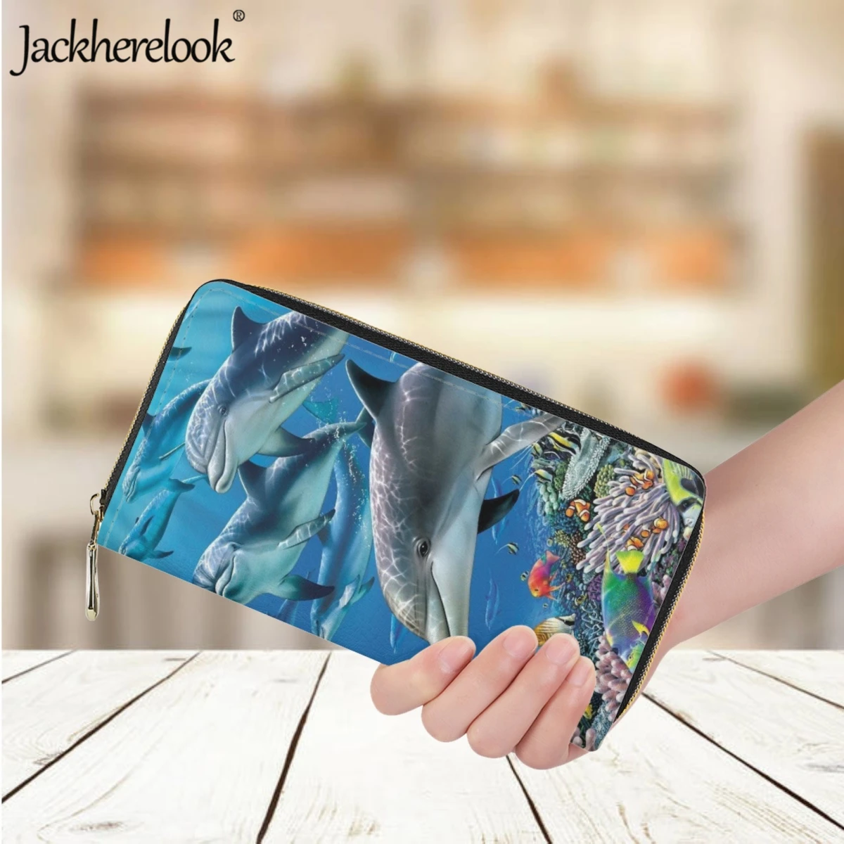 

Jackherelook Leather Long Wallet for Women Fashion Exquisite Dolphin Print Coin Money Bag Shopping Bank Card Holder Purse Clutch