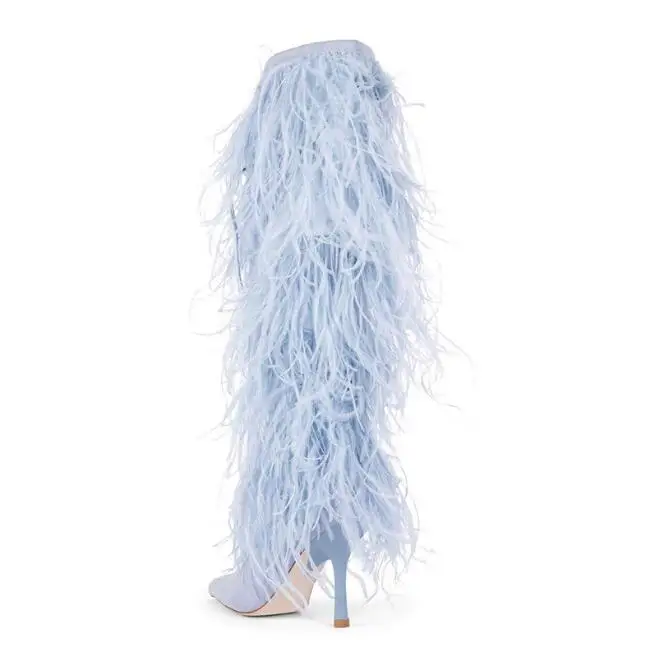 Light blue Suede ostrich Feather Covered Knee Boots Pointed Toe Stiletto high Heels black bandage Fur Long Boots