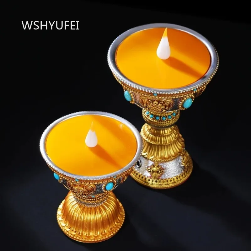 Tibetan LED Butter Lamp 8 Auspicious Symbols Embedded Turquoise Simulated Flame Buddhist Altar Worship Lamp Home Shrine Decor