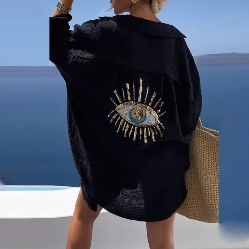 Beach Wear Women 2024 Spring Geometric Eye Sequin Top Casual Long Sleeve Loose Shirts Summer Turn-down Collar Button Long Blouse