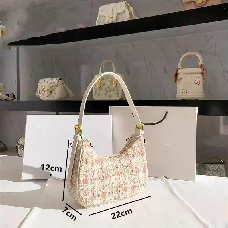 2024 New Fashion Women\'s Pink Woolen Lattice Hobo Bags Purses Woven Shoulder Bags Ladies Handbags Niche Armpit Underarm Bags