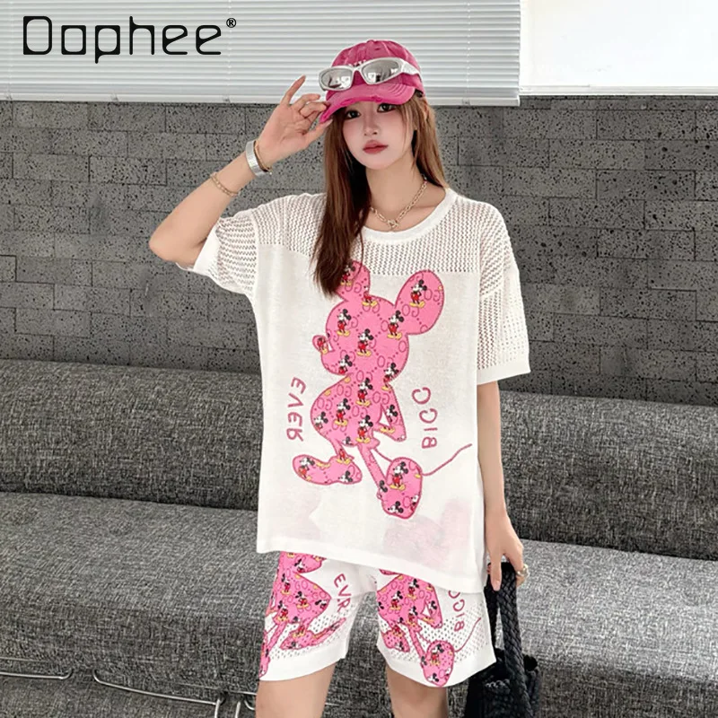 

Cartoon Hot Diamond Shorts Suit Women's Summer 2025 New Fashion Cartoon Printed Loose Top and Shorts Casual Two-piece Sets