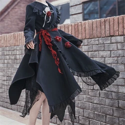 Retro Style Lolita Coat Elegant Girls Cosplay Lapels Flounces Lace Cuffs Waistband Flowers Irregular Hem Solid Color Coat