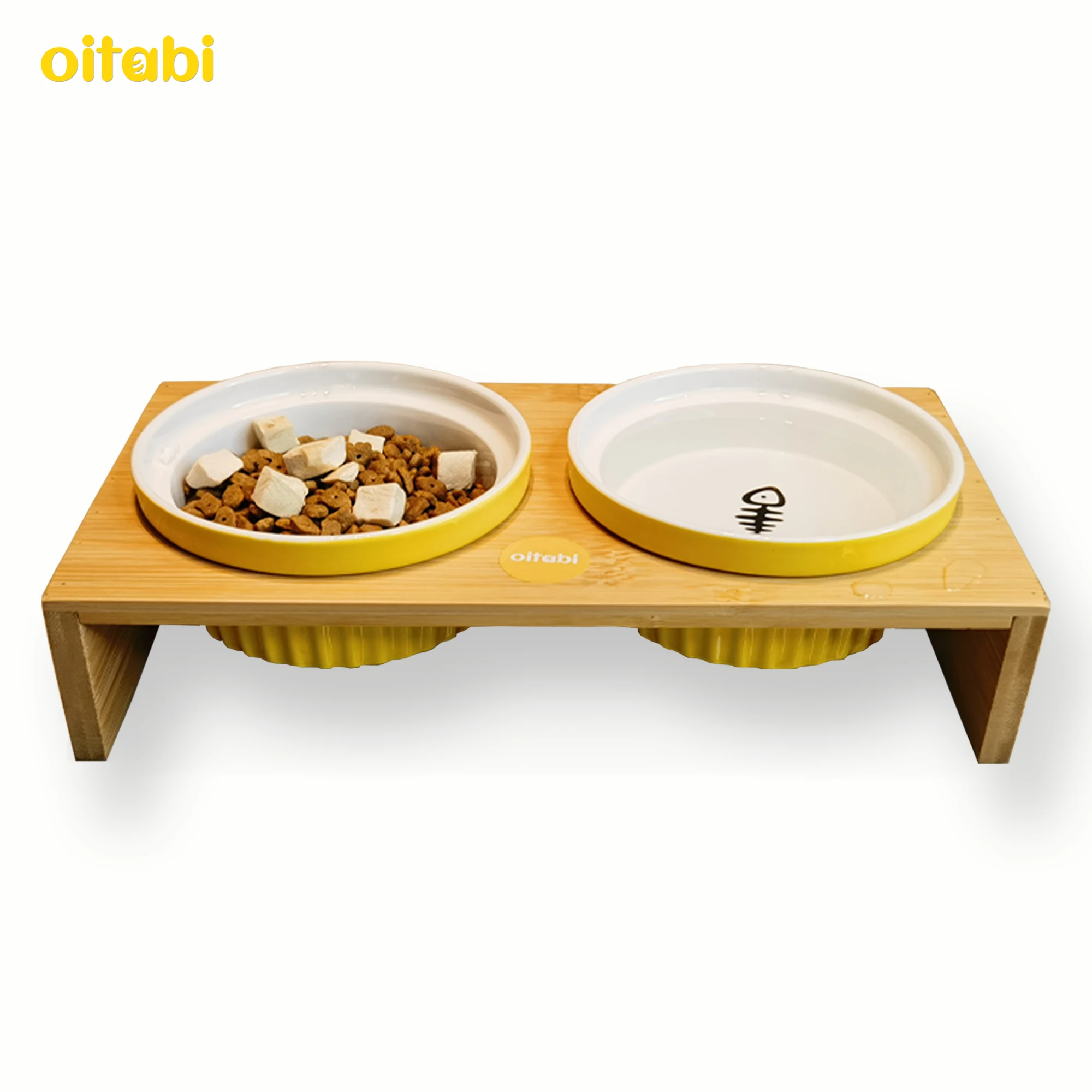 

Oitabi Ceramic Round Dog Cat Bowl with Wood Stand, Durable Food Water Elevated Dish for Pet, Cat Food & Water Double Bowl Set