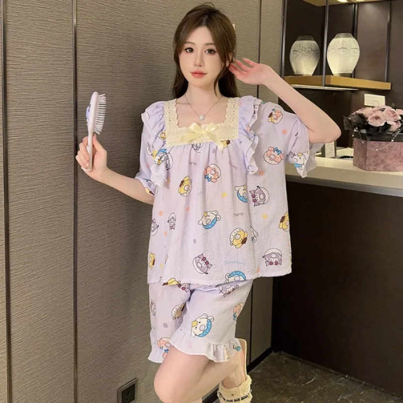 5XL Plus Size Women Summer Pajamas Short Sleeve Two-Piece Pj Sets Sleepwear Korean Style Loose Loungewear Button Down Homewear