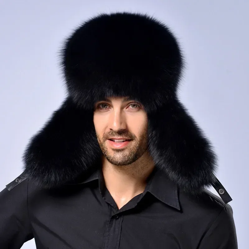 Russian Bomber Hat Men Winter Hats with Earmuffs Trapper Earflap Cap Man Thick Faux Fur Ushanka Cap Leather PU