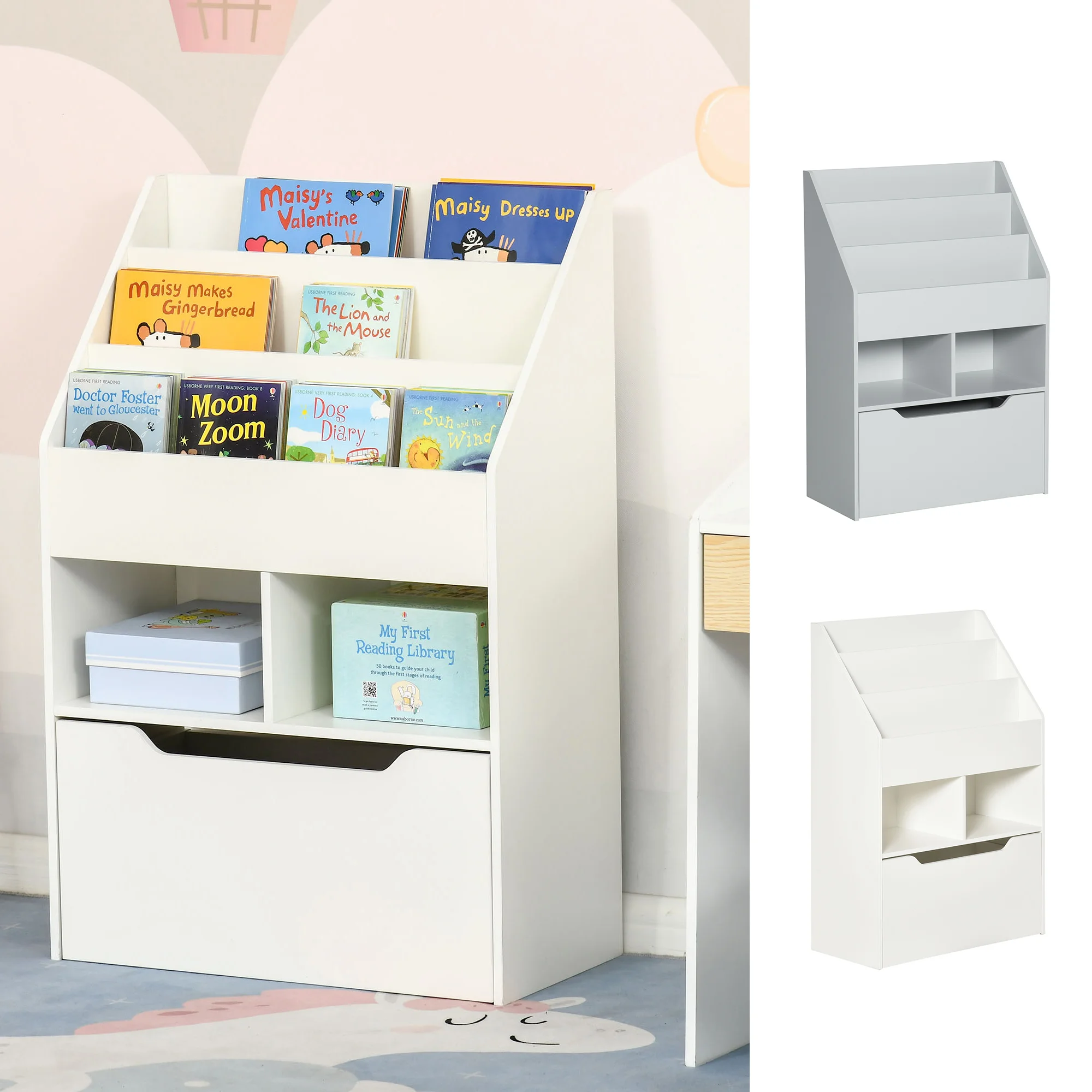 HOMCOM Estantería Librería Infantil con 3 Compartimentos 2 Cubos Cajón y Ruedas