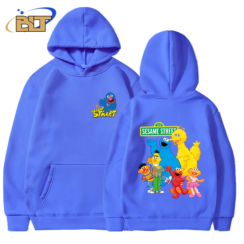 Sesame Street Printed Men\'s Autumn and Winter Hoodie Plus Fleece Sports Sweatshirt Blue Loose Top